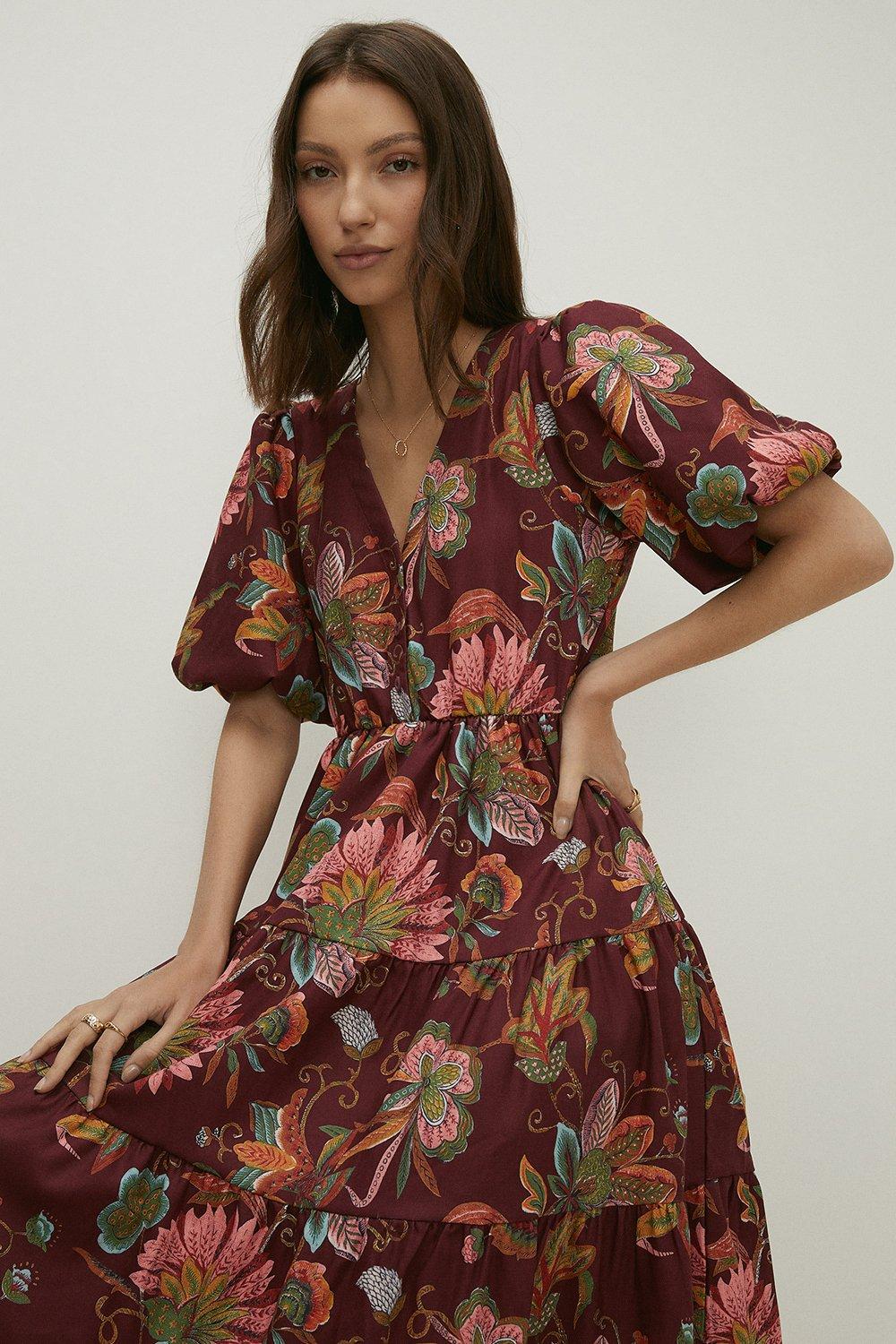Tiered Cord Folk Floral Midi Dress | Oasis